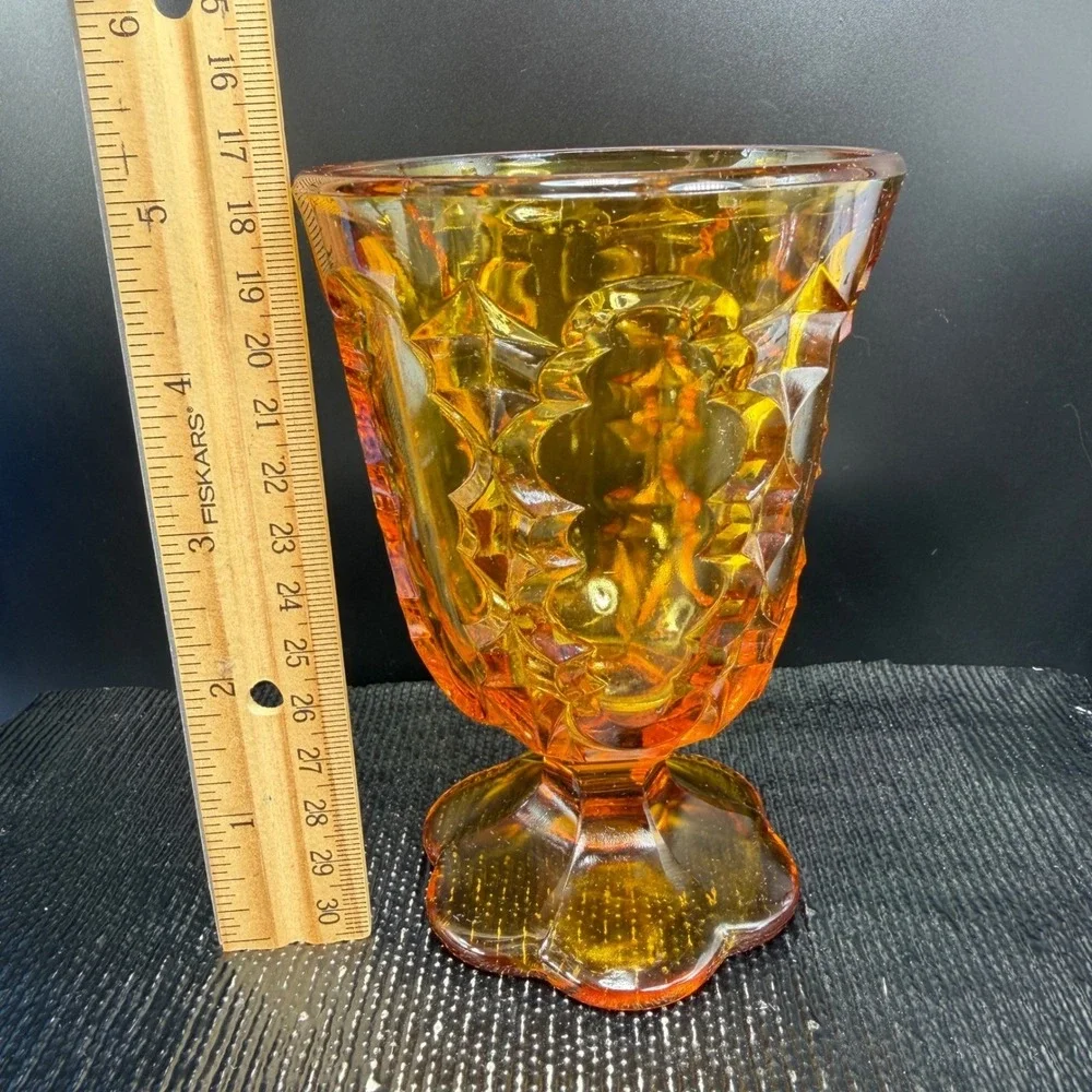 Vintage Amber Glass Goblet Diamond Starburst Footed Water Glass Cup VTG Decor‎